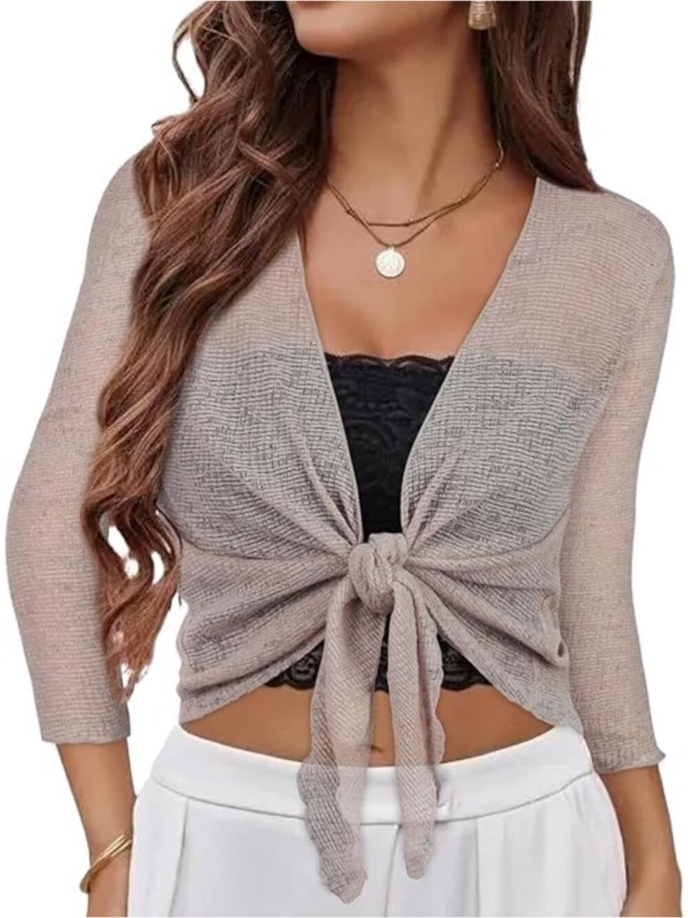 Sheer Bolero Shrug 3/4 Sleeve Tie Front Cardigan for Dresses